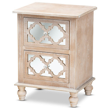 Celia Rustic White-Washed Wood And Mirror 2-Drawer Quatrefoil End Table