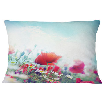 Red Poppies on Blue Background Floral Throw Pillow, 12"x20"