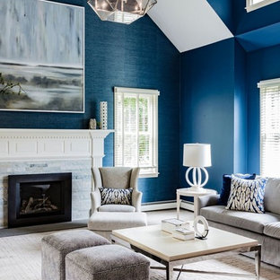 75 Beautiful Blue Living Room With A Standard Fireplace Pictures ...