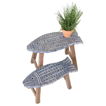 2-Piece Nautical Wooden Fish Design Risers/Small Tables