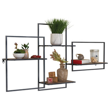 Geometric Multi Level Four Wood Wall Shelves Minimalist Open Metal Frame