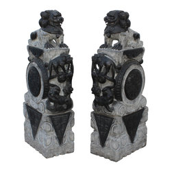 Chinese Pair Gray Black Stone Fengshui Foo Dogs Lions Door Block Statue - Garden Statues And Yard Art