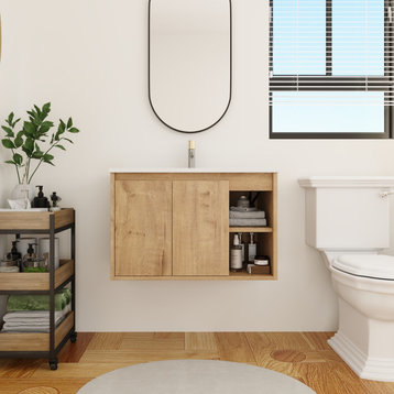 BNK Single Sink Bathroom Vanity with Soft Close Door and 2 Right Side Shelves, Imitative Oak-X, 30 Inch