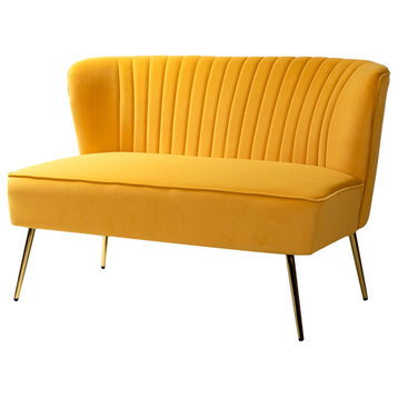 Velvet Tufted Loveseat Sofa With Golden Base, Mustard