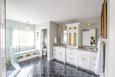 Large transitional master bathroom in Other with shaker cabinets, white cabinets, white tile, porcelain tile, grey walls, porcelain floors, an undermount sink, marble benchtops, black floor, a hinged shower door, a corner shower and grey benchtops.
