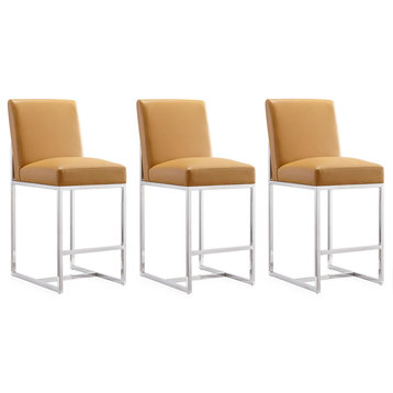 Element 24" Faux Leather Counter Stool, Camel and Polished Chrome, Set of 3