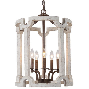 Farmhouse 5-Light Vintage Cage Wood Chandelier, White