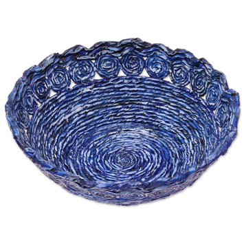 NOVICA Beautiful Spirals In Blue And Recycled Paper Basket