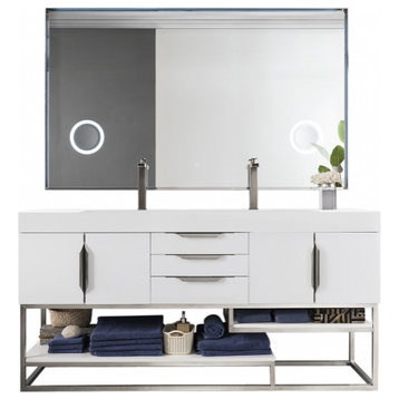72 Inch Double Bathroom Vanity, Glossy White, No Top, No Sinks, Outlets, Modern