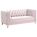 Meridian Furniture - Michelle Fabric Upholstered Chair, Gold Iron Legs, Pink, Velvet, Loveseat - Upholstered in soft pink velvet, this Michelle love seat is sumptuously glamorous. Designed for upscale living, this chair features rich gold nail head trim and gold iron legs that keep it grounded in contemporary beauty. Tufted material covers every inch of this unit, and button tufting ensures that the unit stays plump and comfortable and holds up well to continual use. Pair it with other items in the collection for a cohesive look.