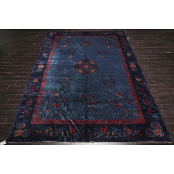 10'x13'6'' Hand Knotted Wool Art Deco Oriental Area Rug, Navy Color