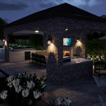 Modern Mediterranean Pool, Courtyard, Cabana, Fireplace - Toll Brothers