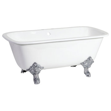 67" Cast Iron Double Ended Clawfoot Tub w/7" Faucet Drillings, White/Chrome