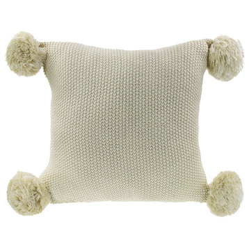 Chunky Knit with Pom Pom Design Solid Color Decorative Pillow, 16"x16", Natural