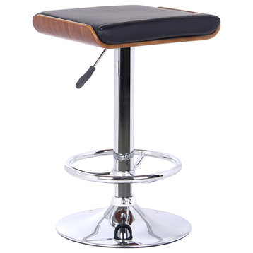 Miles Barstool, Chrome Finish With Walnut wood and Black Faux Leather