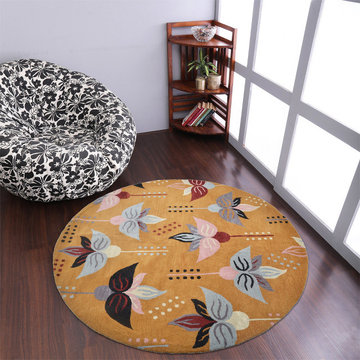 Rugsotic Carpets Hand Tufted Wool 8'x8' Round Area Rug Floral Gold K00669
