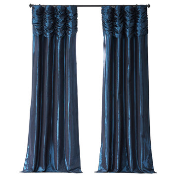Ruched Navy Blue Faux Silk Taffeta Curtain Single Panel, 50"x96"