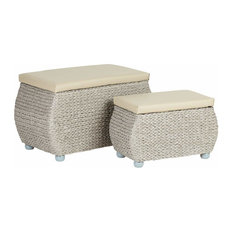 Storage Trunks, Wicker With Wooden Legs and Faux Leather Cushions, 2-Piece Set