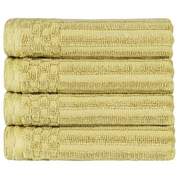 4 Piece Checkered Border Cotton Hand Towel Set, Golden Mist