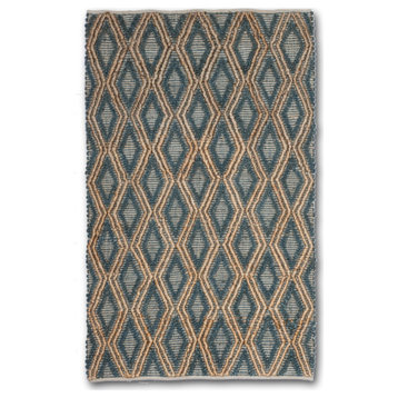 Hand Woven Ivory & Brown High/Low Diamond Geometric Jute Rug by Tufty Home, Natural/Blue, 8x10