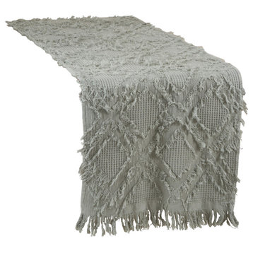 Waffle Weave Table Runner With Fringe Design , Blue-Grey, 16"x72"