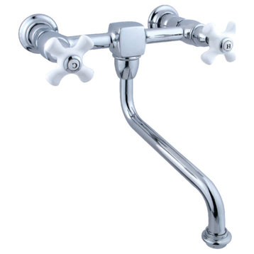 Wall Mounted Bathroom Faucet, Bridge Design With White Crossed Handles, Chrome