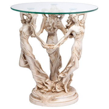 Classic End Table, Greek Muses Sculpture With Round Glass Top, Antique Stone