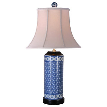 Blue and White Geometric Cylinder Porcelain Lamp, 25"