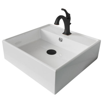 Elavo Square Ceramic Vessel Sink, Bathroom Arlo Faucet, Drain, Matte Black