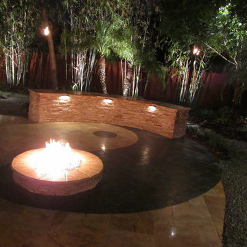 Zen outdoor Fire feature with custom bench with lighting