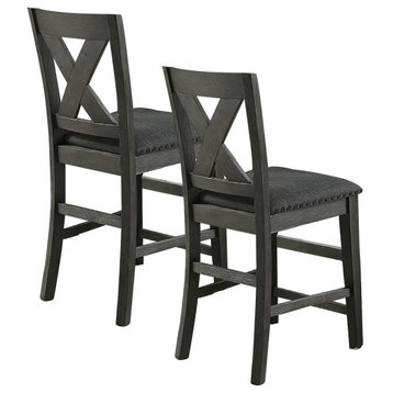 Linen-Fabric and Wood Counter Hight Chairs With X-Cross Back, Dark Grey
