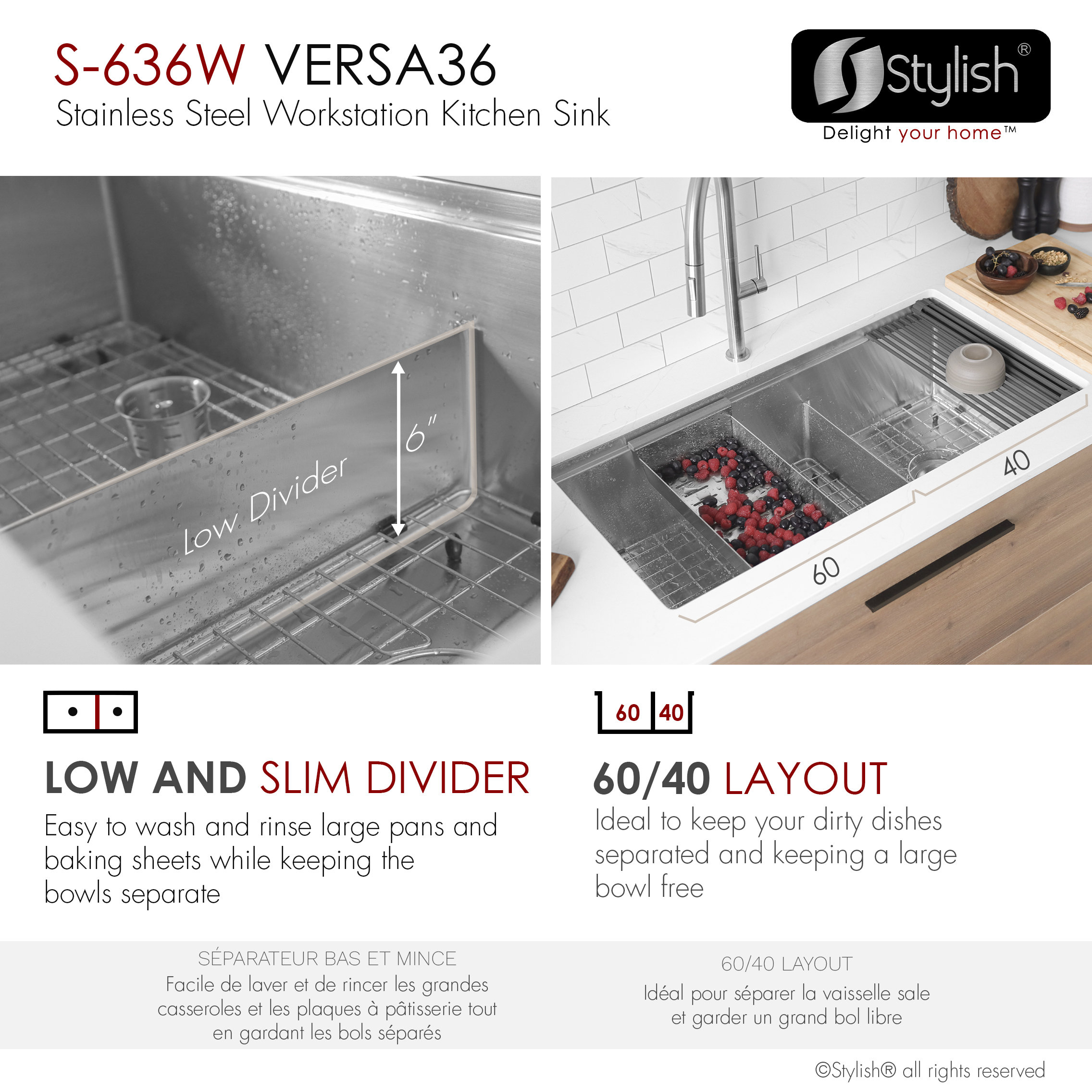 STYLISH 36 Undermount 36" Double-bowl Workstation Kitchen Sink S-636W