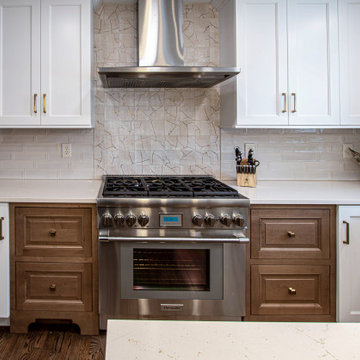 Two Tone Kitchen with Floating Shelves and Island Seating and Updated Fireplace