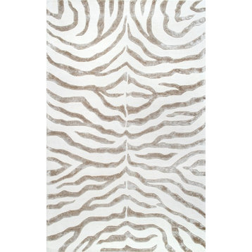 Hand-Tufted Zebra Print Faux Silk Highlights Area Rug, Gray, 6'x9'