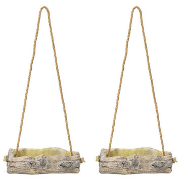 Set Of 2 Cement Hanging Log Planter w/ Rope 9.5x4.5x3"