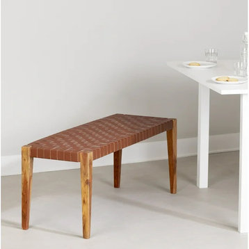 Retro Dining Bench, Acacia Wood Frame & Genuine Leather Woven Seat, Brown