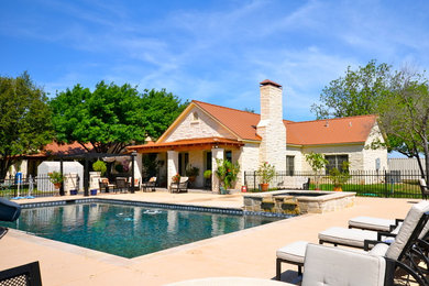 Inspiration for a large transitional backyard rectangular pool house remodel in Austin