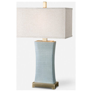 Textured Ceramic Pale Blue Gray Table Lamp 29 in Classic Hourglass Shape Bronze
