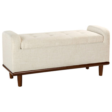 Upholstered Storage Bench with Solid Wood Legs&Tufted Design, Ivory