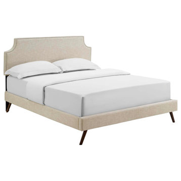 Corene Queen Upholstered Fabric Platform Bed With Round Splayed Legs, Beige