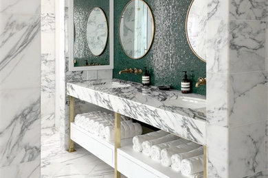 Expansive transitional master bathroom in New York with open cabinets, white cabinets, a freestanding tub, a double shower, a one-piece toilet, white tile, marble, white walls, marble floors, an undermount sink, marble benchtops, white floor and a hinged shower door.