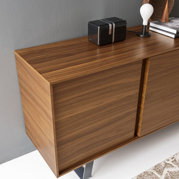 Secret 4-Door Sideboard - Walnut Wood Frame + Matte Grey Metal Base