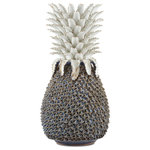 Currey & Company - Waikiki Blue Pineapple, Large - The Waikiki Large Blue Pineapple decorative accessory is handmade of stoneware by women artisans living at the border of Burma and Thailand. From the Hawaiian shores to 1940s Miami, the pineapple has long been a symbol of hospitality. Place this powdery blue and white ceramic sculpture prominently in a room to make a bold statement.  We also offer the tabletop sculpture in a medium size in blue with a shorter crown of leaves, and in both sizes in green.