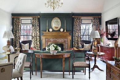 Living room - mid-sized traditional formal and open concept carpeted and white floor living room idea in Bridgeport with white walls, a standard fireplace, a brick fireplace and a wall-mounted tv