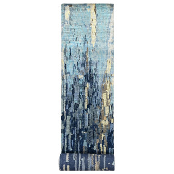 Prussian Blue Mosaic Design Wool Silk Hand Knotted XL Runner Rug 2'6" x 17'9"
