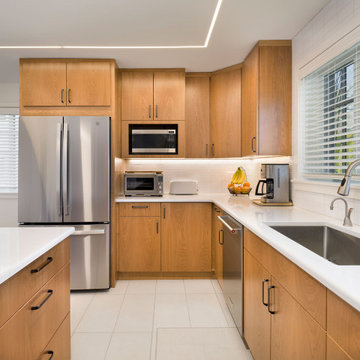 Modern Scandinavian Kitchen Remodel | Natural Wood Cabinets, White Quartz Isla