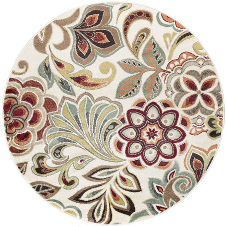 Dilek Transitional Floral Area Rug, Ivory, 7'10'' Round