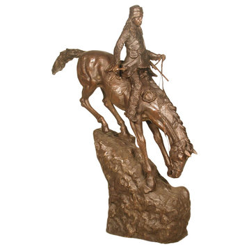Western Rider Climbing Off A Ledge Bronze Sculpture With Marble Base