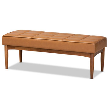 Sanford Modern Tan Faux Leather Walnut Brown Finished Wood Dining Bench