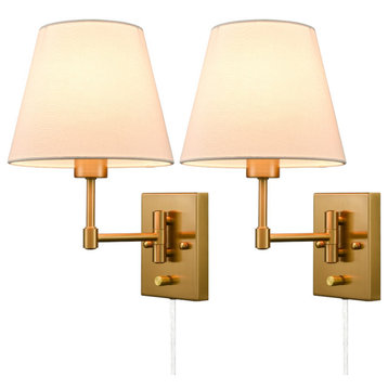 Plug-in Wall Sconces Fabric Swing Arm Wall Lamp, Set of 2, Brass